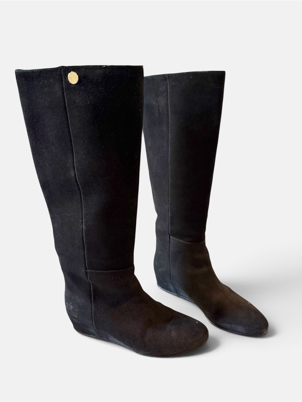 Jimmy Choo Olivia Black Suede Knee High Boots Gold Logo Size 36 Hidden Wedge